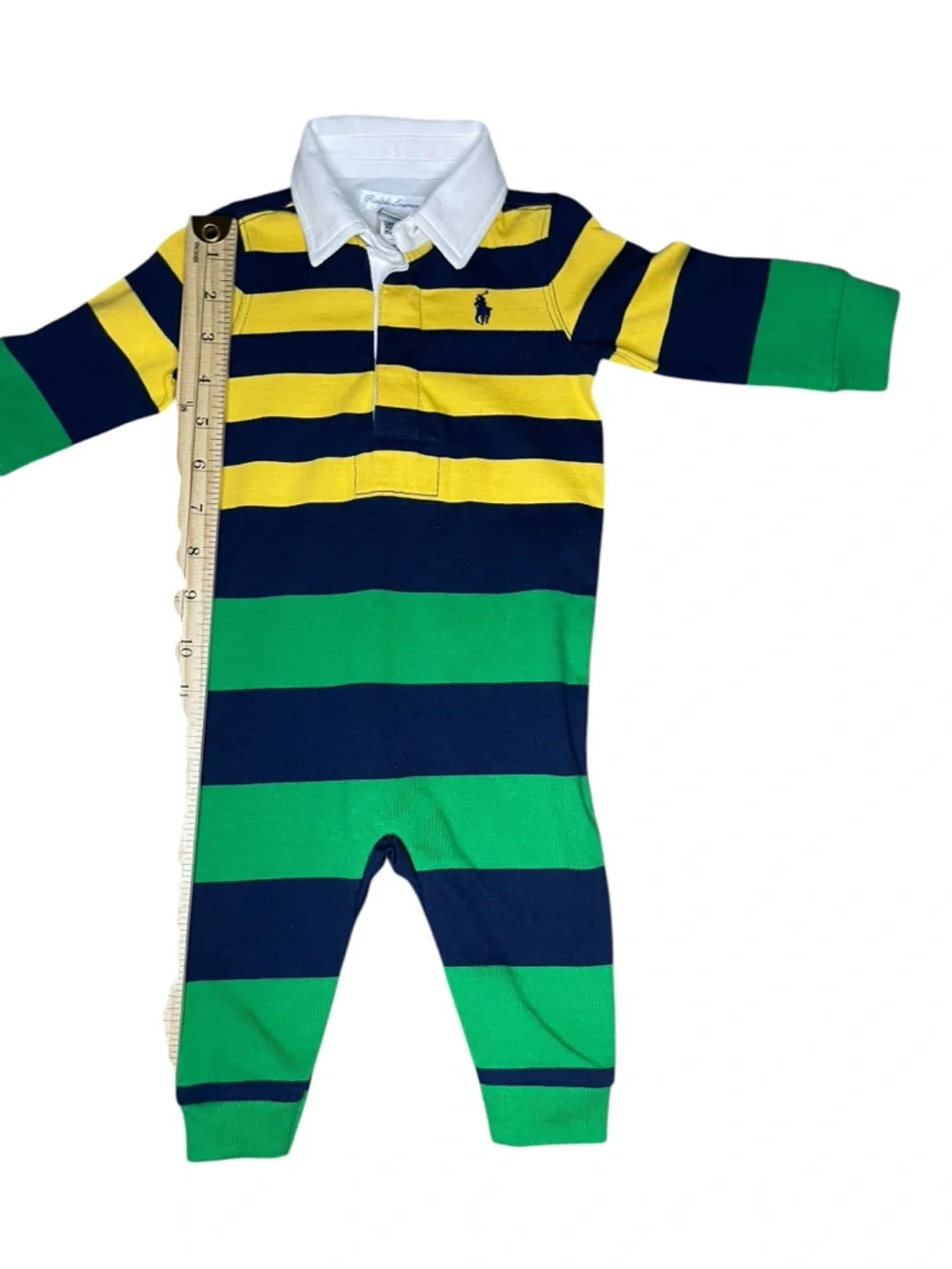 Ralph Lauren Blue, Green, & Yellow Rugby Coverall/Romper- 6 Months